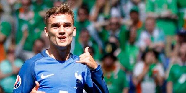 France's Antoine Griezmann celebrates after scoring his side's second goal during the Euro 2016 round of 16 soccer match between France and Ireland, at the Grand Stade in Decines-Â­Charpieu, near Lyon, France, Sunday, June 26, 2016. (AP Photo/Laurent Cipriani)
