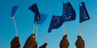 Des fans agitent le drapeau de l'Union européenne lors de l'Eurovision.