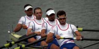 2016 Rio Olympics - Rowing - Repechage - Lightweight Men?s Four Repechages - Lagoa Stadium - Rio De Janeiro, Brazil - 08/08/2016. Franck Solforosi (FRA) of France, Thomas Baroukh (FRA) of France, Guillaume Raineau (FRA) of France and Thibault Colard (FRA) of France compete. REUTERS/Carlos Barria  FOR EDITORIAL USE ONLY. NOT FOR SALE FOR MARKETING OR ADVERTISING CAMPAIGNS.