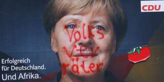 Une affiche de campagne de la CDU, montrant un portrait d'Angela Merkel et le slogan