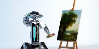 Robot artist painting fine art at easel