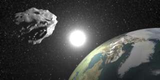 One asteroid into universe near earth planet, sun in the background - Elements of this image furnished by NASA