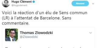 Le tweet d'Hugo Clément, dénonçant la réaction d'un élu de Sens commun.