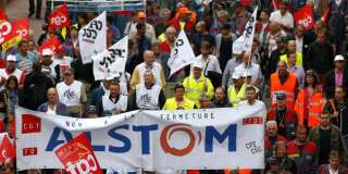 Les employés d'Alstom manifestent contre la loi Travail à Belfort le 15 septembre 2016.