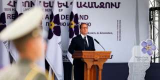 French President Francois Hollande speaks during a memorial service at the Tsitsernakaberd Genocide memorial complex in Yerevan, Armenia, Friday, April 24, 2015. On Friday, Armenians marked the centenary of what historians estimate to be the slaughter of up to 1.5 million Armenians by Ottoman Turks, an event widely viewed by scholars as genocide. Turkey, however, denies the deaths constituted genocide and says the death toll has been inflated. (Tigran Mehrabyan/PAN Photo via AP)