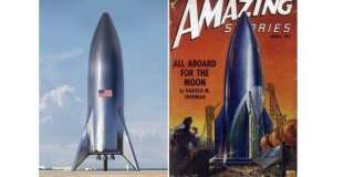 Le design imaginé par Elon Musk de la future fusée de SpaceX et celui imaginé en 1950 pour aller sur la Lune par Julian S. Krupa dans Amazing Stories.