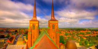 Twin Towers of Roskilde  Cathedral, Seen from the roof,  Roskilde, Denmark, Brick Gothic Cathedral, Burial place for Danish kings for centuries, UNESCO World Heritage Site