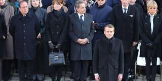 François Hollande, Nicolas Sarkozy et Emmanuel Macron durant l'hommage à Jean d'Ormesson aux Invalides à Paris, le 8 décembre 2017.