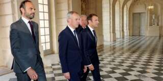 Le Premier ministre Edouard Philippe, le président de l'Assemblée nationale François de Rugy, le Président de la République Emmanuel Macron et le président du Sénat Gérard Larcher à Versailles, le 3 juillet 2017.