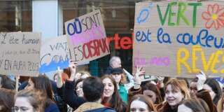 Des collégiens et lycéens manifestent contre le réchauffement climatique près du ministère de l'écologie à Paris, le 15 février 2019.