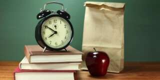 Back to School Books, Lunch, Apple and Clock on Desk