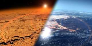 Une vue d'artiste comparant la Mars actuelle et l'état de la planète il y a des milliards d'années, quand elle était couverte d'eau et plus habitable.