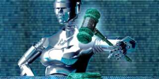 legal computer judge concept, robot with gavel,3D illustration.