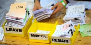 FILE - In this Friday, June 24, 2016 file photo, votes are sorted into remain, leave and doubtful trays as ballots are counted during the EU Referendum count for Westminster and the City of London at the Lindley Hall in London. (Anthony Devlin/PA via AP, File) UNITED KINGDOM OUT NO SALES NO ARCHIVE
