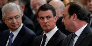 Claude Bartolone en compagnie de Manuel Valls et François Hollande aux obsèques de Michel Rocard au mois de juillet.