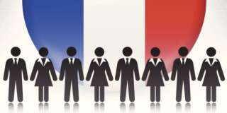 France Flag Button with Business Concept Stick Figures