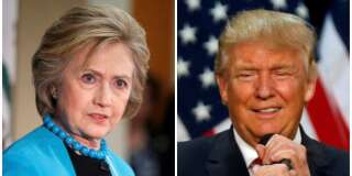 A combination photo shows U.S. Democratic presidential candidate Hillary Clinton (L) and Republican U.S. presidential candidate Donald Trump (R) in Los Angeles, California on May 5, 2016 and in Eugene, Oregon, U.S. on May 6, 2016 respectively.  REUTERS/Lucy Nicholson (L) and Jim Urquhart/File Photos