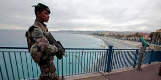 A French Legionnaire patrols on the Promenade Des Anglais as part of France's Vigipirate national security alert system