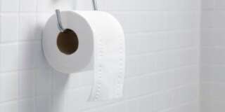 Toilet paper holder and roll.