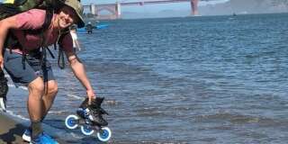 Jour 1 (28 mai 2018, San Francisco, Californie): avec le pont du Golden Gate en arrière-plan, c’est très motivé que Mike quitte la plage pour entamer un long voyage vers l’est.