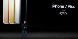 Phil Schiller, Apple's senior vice president of worldwide marketing, talks about the pricing on the new iPhone 7 during an event to announce new products Wednesday, Sept. 7, 2016, in San Francisco. (AP Photo/Marcio Jose Sanchez)
