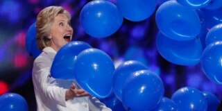 Democratic U.S. presidential nominee Hillary Clinton celebrates with balloons after she accepted the nomination on the last night of the Democratic National Convention in Philadelphia, Pennsylvania, U.S. July 28, 2016. REUTERS/Mike Segar
