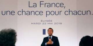 Emmanuel Macron lors de la conférence de presse sur les banlieues, le 22 mai 2018 à Paris.