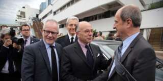 France's Interior Minister Bernard Cazeneuve, center, shakes hand with Cannes Film festival president Pierre Lescure, right, next to Cannes Film festival general delegate Thierry Fremaux, left, during a visit on security before the start of the 69th Cannes Film Festival, in Cannes, southern France, Monday, May 9, 2016. (AP Photo/Thibault Camus)