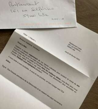 Un exemple de lettre de menace reçue par un restaurant lillois proposant des spécialités russes et ukrainiennes.