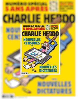 La couverture de l'hebdomadaire Charlie Hebdo à l'occasion du cinquième anniversaire de l'attentat survenu le 7 janvier 2015