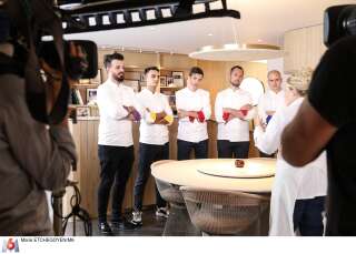 Adrien, Diego, Mallory, David, Martin et Hélène Darroze sur le tournage de la saison 11 de Top Chef.