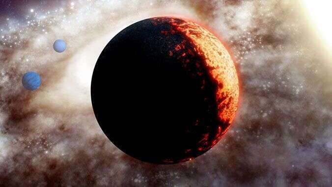 Vue d'artiste de l'exoplanète TOI-561b, un monde aussi ancien qu'inhabitable.
