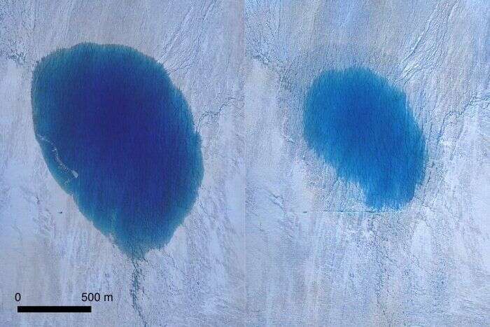 Une image du lac avant-après. Selon une étude du PNAS, de gigantesques fractures dans la calotte glaciaire formeraient des 