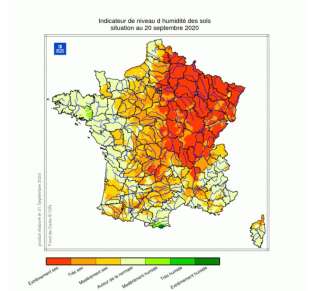 L'indicateur de niveau d'humidité des sols, transmis par Météo France, à la date du 20 septembre 2020.