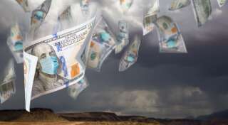 100 Dollar Bills with Face Mask Falling From Stormy Cloudy Sky.