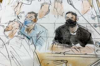 Salah Abdeslam (à droite) dans un croquis d'audience du procès du 13-Novembre le 8 septembre 2021.