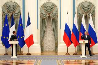 Emmanuel Macron et Vladimir Poutine, lors d'une conférence de presse commune le 7 février à Moscou