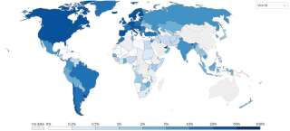 La carte de la vaccination dans le monde, par million d'habitants, au 24 avril. Données non communiquées à cette date pour la Chine (non affichées).