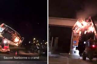 Un péage détruit à Narbonne par des gilets jaunes avec une camionnette en feu