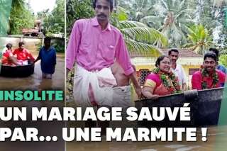 Lors des inondations en Inde, ils vont à leur mariage en marmite