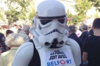 Un Stormtrooper et des vitrines baissées à Belfort en soutien aux 