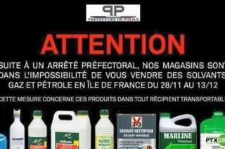 Interdiction de vendre ou transporter des produits inflammables en Île-de-France pendant la COP21