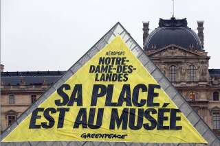 PHOTOS. Notre-Dames-des-Landes: Greenpeace déploie une banderole sur la pyramide du Louvre à Paris