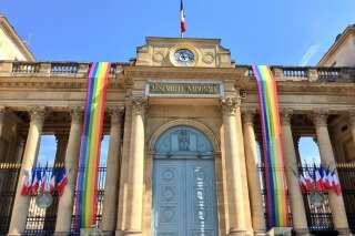 Installé pour la Gay Pride 2018, un des deux drapeaux arc-en-ciel flottant sur l'Assemblée nationale vandalisé