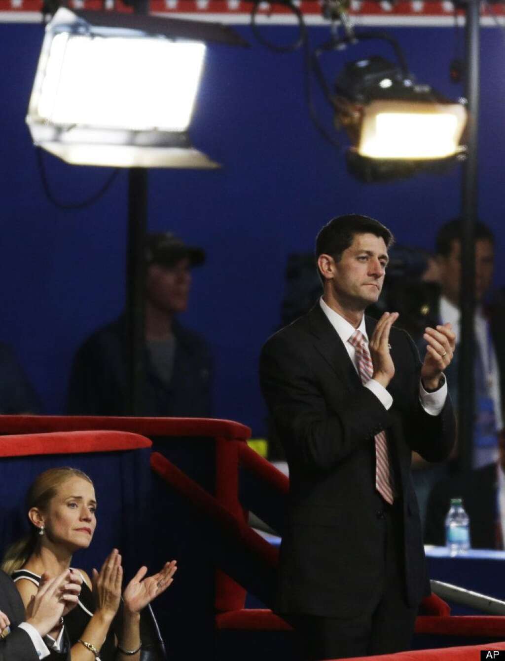 Republican vice presidential nominee, Rep. Paul Ryan, right, and his wife Janna applaud during Florida Senator Marco Rubio's speech during the Republican National Convention in Tampa, Fla., on Thursday, Aug. 30, 2012. (AP Photo/Lynne Sladky)
