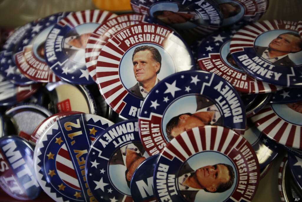 Republican presidential candidate and former Massachusetts Gov. Mitt Romney campaign buttons are displayed ahead of the Republican National Convention in Tampa, Fla., on Sunday, Aug. 26, 2012. (AP Photo/Jae C. Hong)
