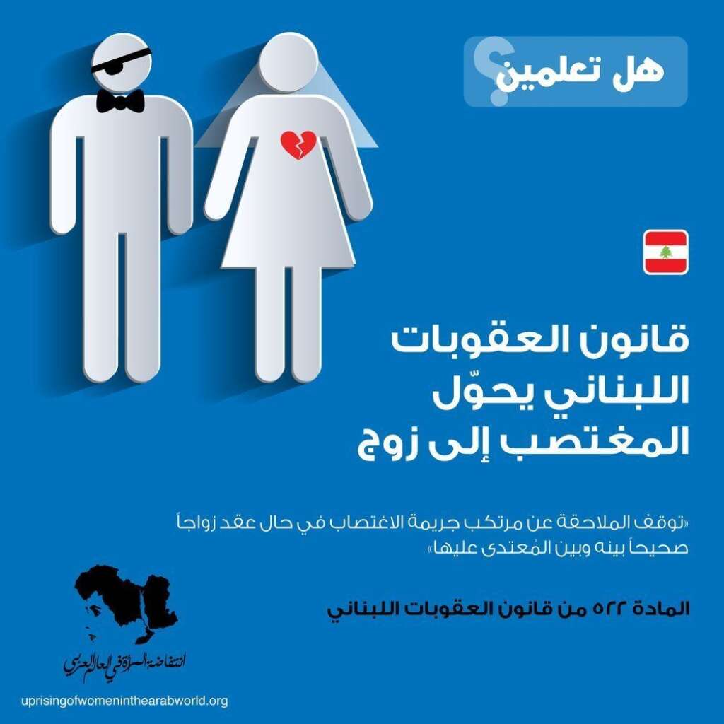 Au Liban - Le Code pénal libanais transforme le violeur en mari.  "La poursuite judiciaire de l'auteur du crime de viol prend fin dans le cas où un contrat de mariage valide entre lui et sa victime est délivré"  Article 522 du code pénal libanais
