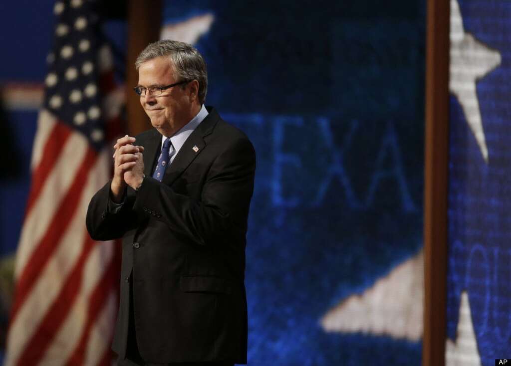 Former Florida Governor Jeb Bush steps onstage to speak to delegates at the Republican National Convention in Tampa, Fla., on Thursday, Aug. 30, 2012. (AP Photo/Lynne Sladky)