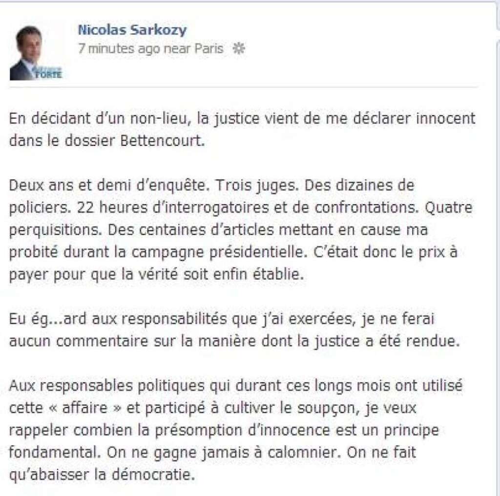 7 octobre 2013: non-lieu pour Sarkozy - Sa mise en examen pour "abus de faiblesse" en mars 2013 dans le dossier Bettencourt avait déclenché sa fureur et celle de ses proches. Faute de preuves, la justice a levé son épée de Damoclès, ouvrant la voie à un retour politique de plus en plus assumé.    <strong>A RELIRE:</strong> <a href="http://www.huffingtonpost.fr/2013/10/07/non-lieu-sarkozy-la-voie-retour-degagee-2017_n_4057310.html" target="_hplink">Après Bettencourt, la voie est libre pour Nicolas Sarkozy</a>