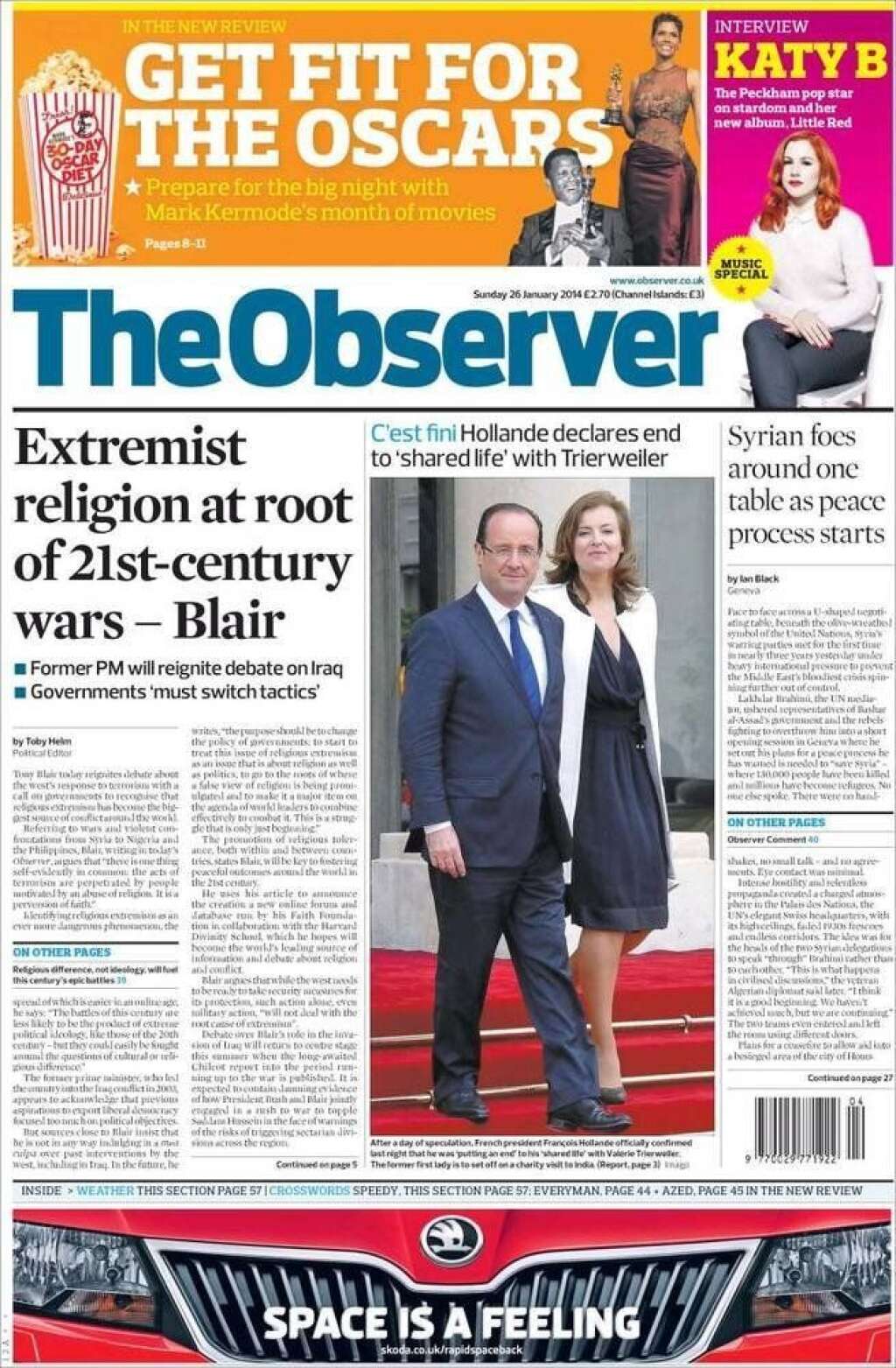 The Observer - "C'est fini", écrit en français le journal britannique The Observer qui ajoute: "Hollande annonce la fin de sa vie commune avec Trierweiler"